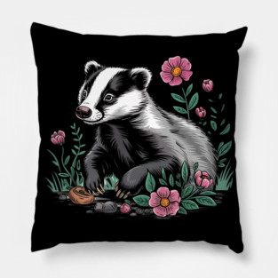 Floral Badger Vintage Woodland Wildlife Art Pillow