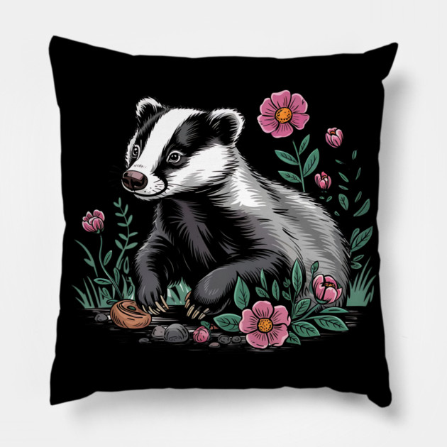Floral Badger Vintage Woodland Wildlife Art Pillow by BirdsnStuff