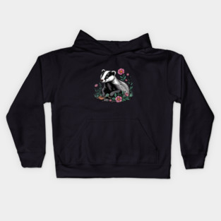 Floral Badger Vintage Woodland Wildlife Art Kids Hoodie
