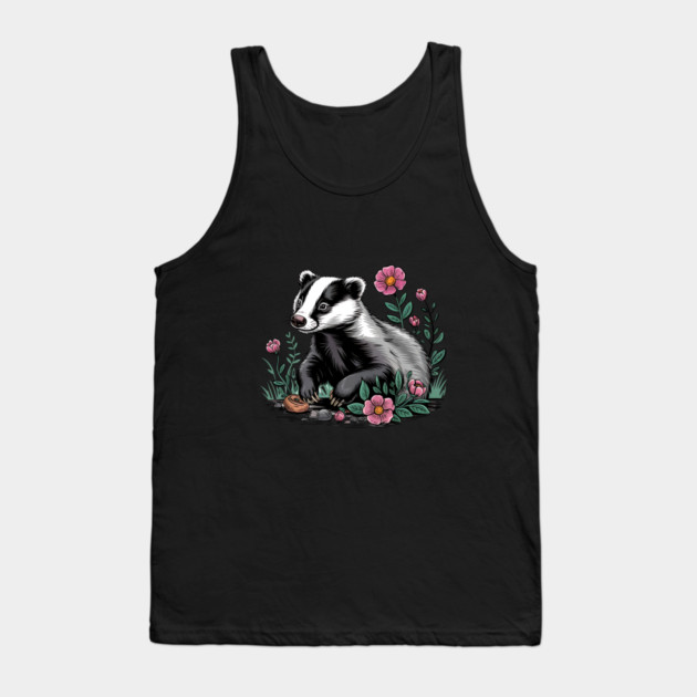 Floral Badger Vintage Woodland Wildlife Art Tank Top by BirdsnStuff