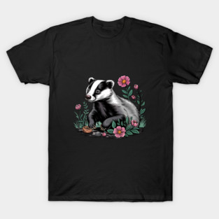 Floral Badger Vintage Woodland Wildlife Art T-Shirt