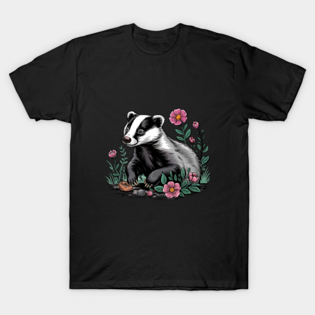 Floral Badger Vintage Woodland Wildlife Art T-Shirt by BirdsnStuff