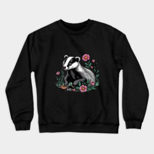 Floral Badger Vintage Woodland Wildlife Art Crewneck Sweatshirt