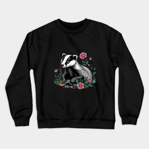 Floral Badger Vintage Woodland Wildlife Art Crewneck Sweatshirt by BirdsnStuff