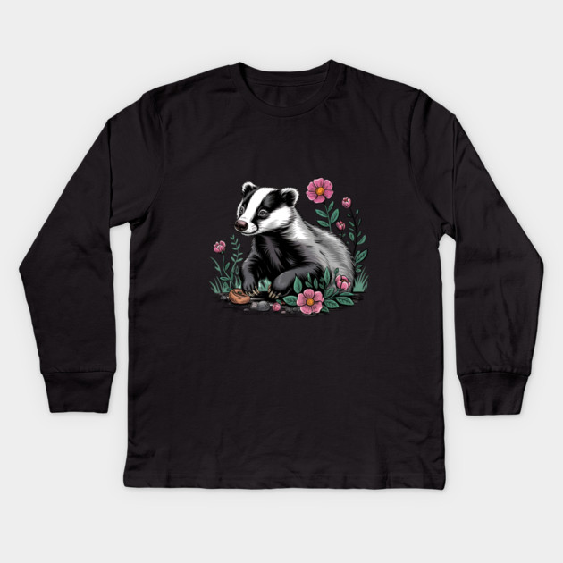 Floral Badger Vintage Woodland Wildlife Art Kids Long Sleeve T-Shirt by BirdsnStuff
