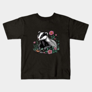 Floral Badger Vintage Woodland Wildlife Art Kids T-Shirt