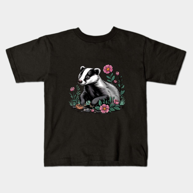Floral Badger Vintage Woodland Wildlife Art Kids T-Shirt by BirdsnStuff