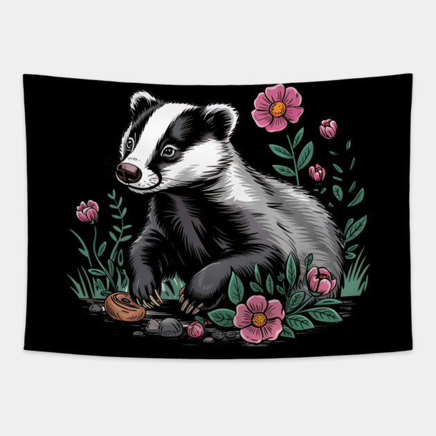Floral Badger Vintage Woodland Wildlife Art Tapestry by BirdsnStuff