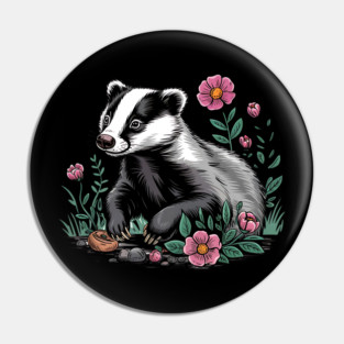 Floral Badger Vintage Woodland Wildlife Art Pin
