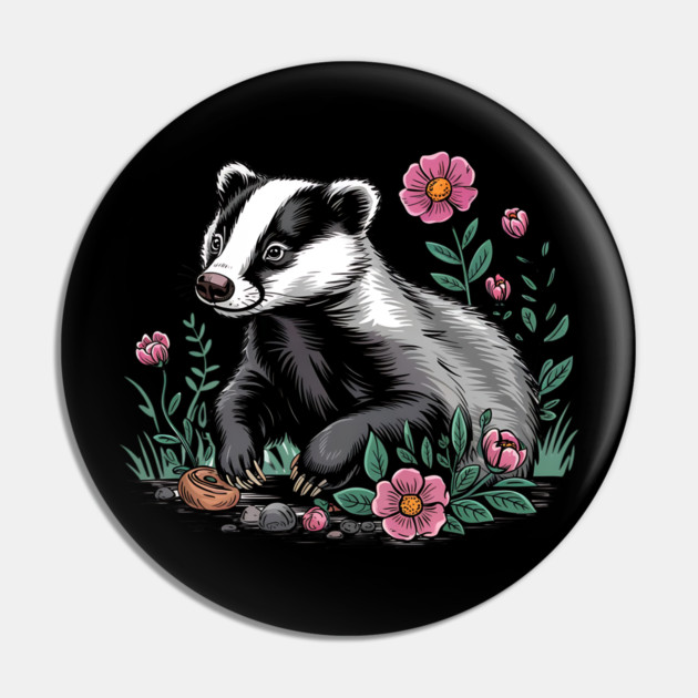 Floral Badger Vintage Woodland Wildlife Art Pin by BirdsnStuff