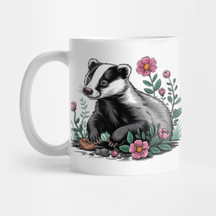 Floral Badger Vintage Woodland Wildlife Art Mug