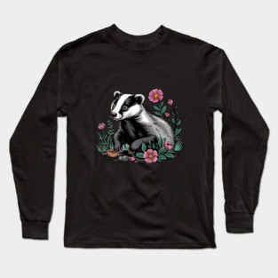 Floral Badger Vintage Woodland Wildlife Art Long Sleeve T-Shirt