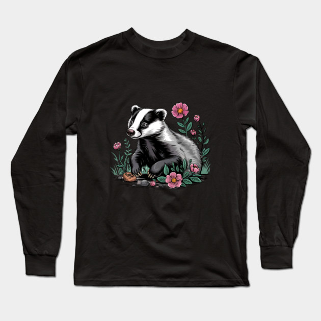 Floral Badger Vintage Woodland Wildlife Art Long Sleeve T-Shirt by BirdsnStuff