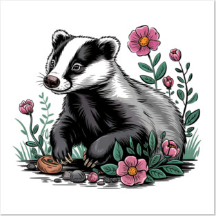 Floral Badger Vintage Woodland Wildlife Art Posters and Art