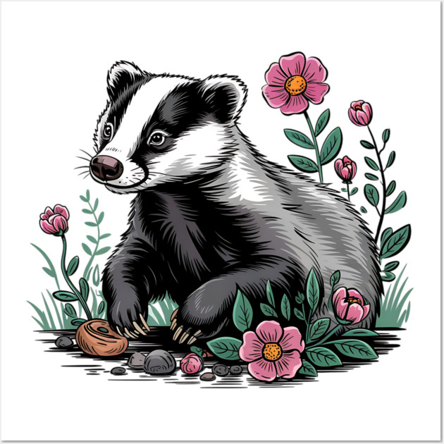 Floral Badger Vintage Woodland Wildlife Art Wall Art by BirdsnStuff