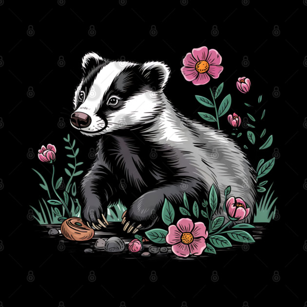 Floral Badger Vintage Woodland Wildlife Art by BirdsnStuff