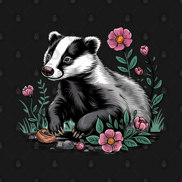 Floral Badger Vintage Woodland Wildlife Art by BirdsnStuff