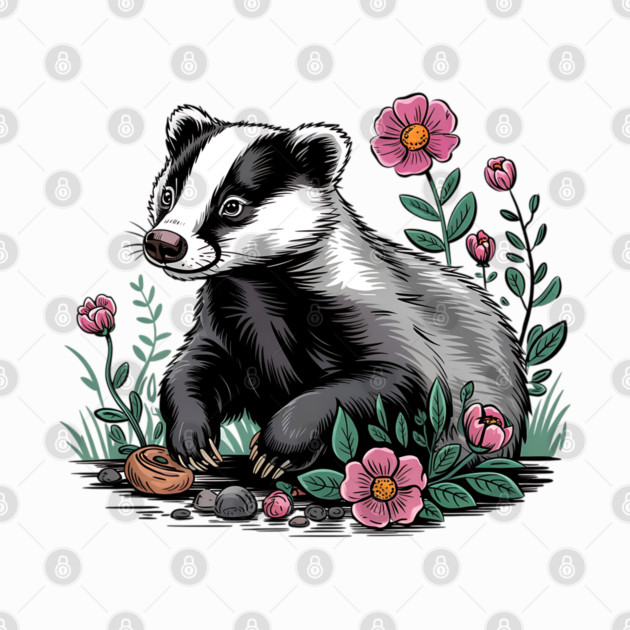 Floral Badger Vintage Woodland Wildlife Art by BirdsnStuff