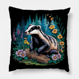 Floral Badger Vintage Woodland Wildlife Art 5 Pillow