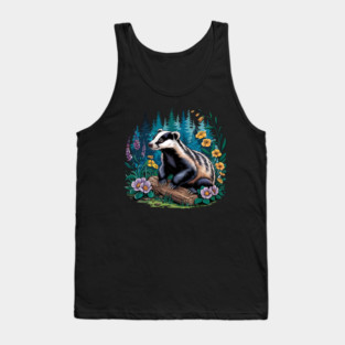 Floral Badger Vintage Woodland Wildlife Art 5 Tank Top