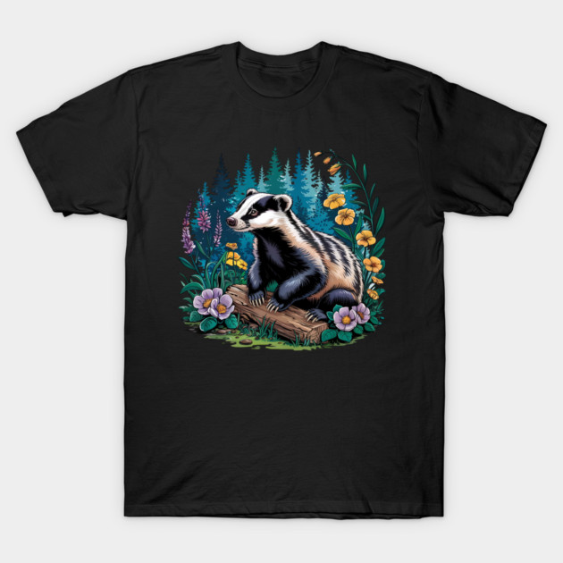 Floral Badger Vintage Woodland Wildlife Art 5 T-Shirt by BirdsnStuff