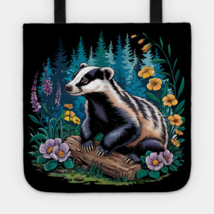 Floral Badger Vintage Woodland Wildlife Art 5 Tote
