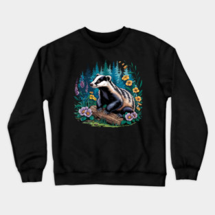 Floral Badger Vintage Woodland Wildlife Art 5 Crewneck Sweatshirt