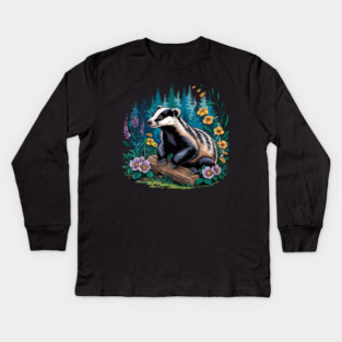Floral Badger Vintage Woodland Wildlife Art 5 Kids Long Sleeve T-Shirt