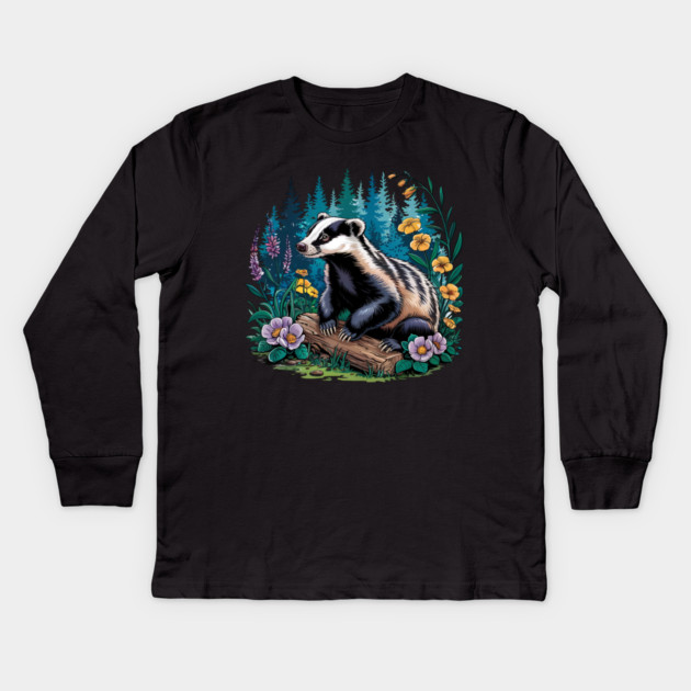 Floral Badger Vintage Woodland Wildlife Art 5 Kids Long Sleeve T-Shirt by BirdsnStuff