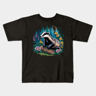 Floral Badger Vintage Woodland Wildlife Art 5 Kids T-Shirt