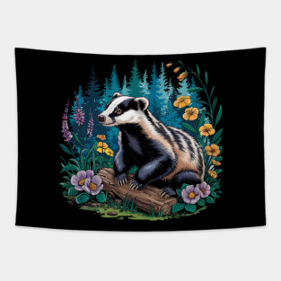 Floral Badger Vintage Woodland Wildlife Art 5 Tapestry