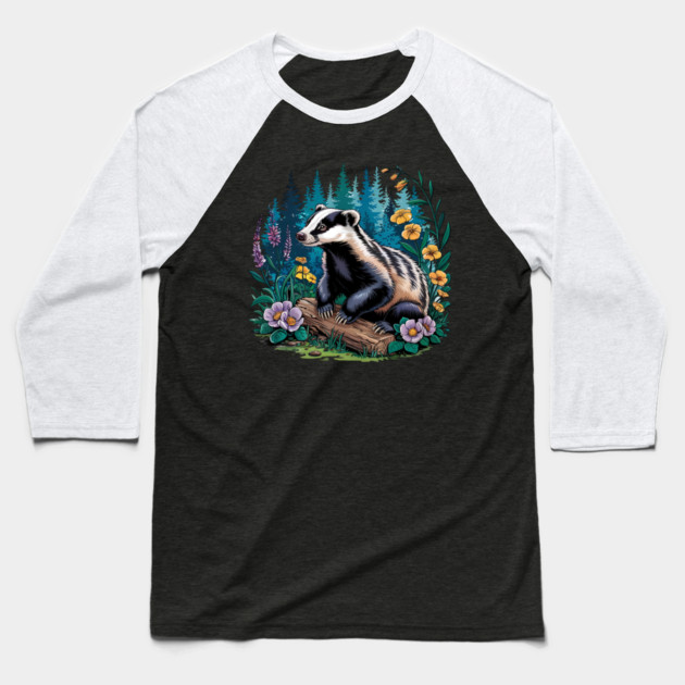 Floral Badger Vintage Woodland Wildlife Art 5 Baseball T-Shirt by BirdsnStuff