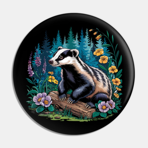 Floral Badger Vintage Woodland Wildlife Art 5 Pin by BirdsnStuff