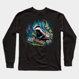 Floral Badger Vintage Woodland Wildlife Art 5 Long Sleeve T-Shirt