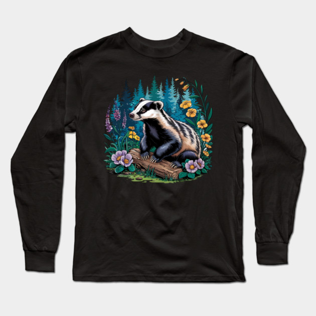 Floral Badger Vintage Woodland Wildlife Art 5 Long Sleeve T-Shirt by BirdsnStuff