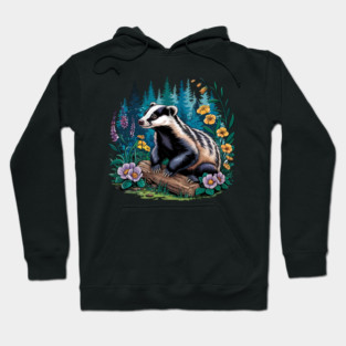 Floral Badger Vintage Woodland Wildlife Art 5 Hoodie