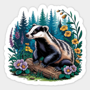 Floral Badger Vintage Woodland Wildlife Art 5 Sticker