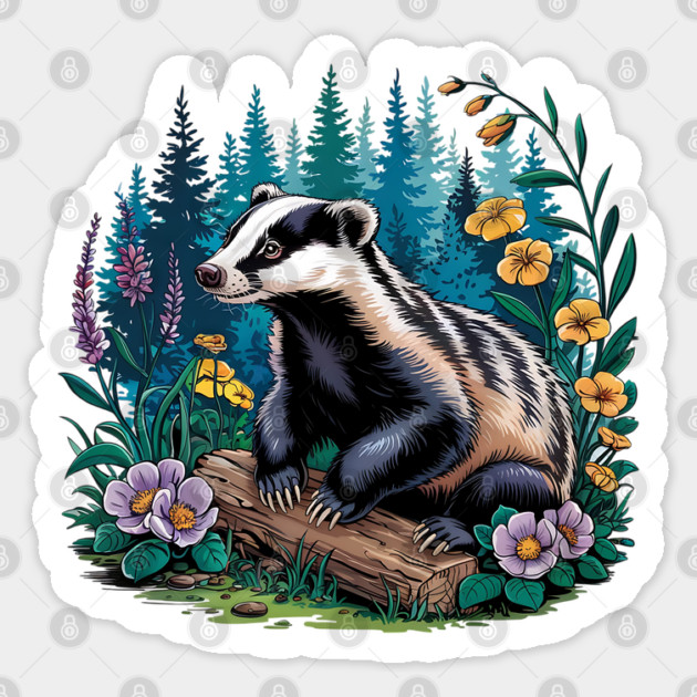 Floral Badger Vintage Woodland Wildlife Art 5 Sticker by BirdsnStuff