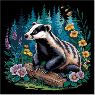 Floral Badger Vintage Woodland Wildlife Art 5 Posters and Art