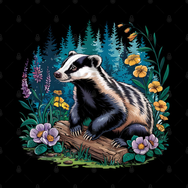 Floral Badger Vintage Woodland Wildlife Art 5 by BirdsnStuff