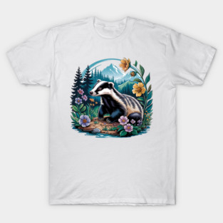 Floral Badger Vintage Woodland Wildlife Art 2 T-Shirt