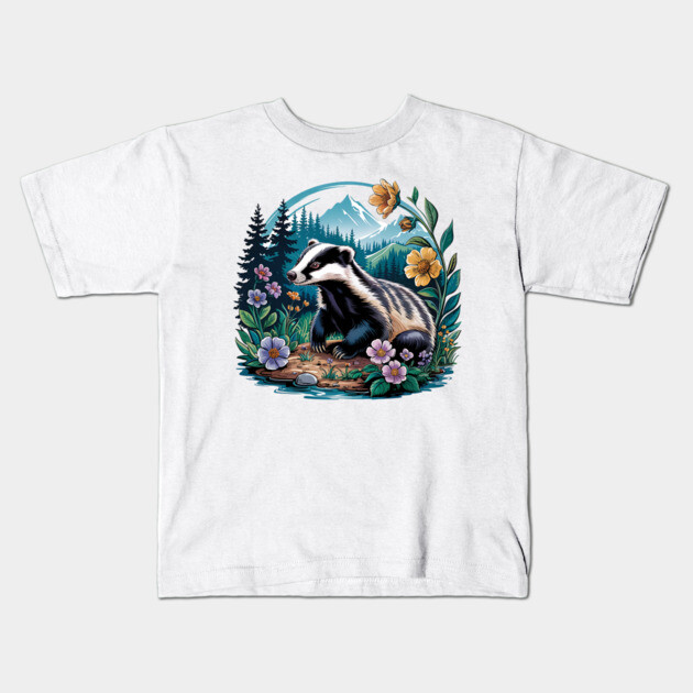 Floral Badger Vintage Woodland Wildlife Art 2 Kids T-Shirt by BirdsnStuff