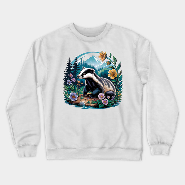 Floral Badger Vintage Woodland Wildlife Art 2 Crewneck Sweatshirt by BirdsnStuff