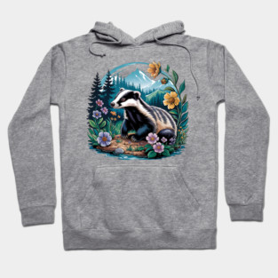 Floral Badger Vintage Woodland Wildlife Art 2 Hoodie