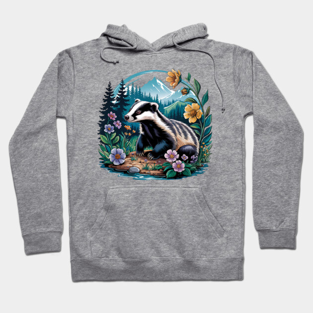 Floral Badger Vintage Woodland Wildlife Art 2 Hoodie by BirdsnStuff