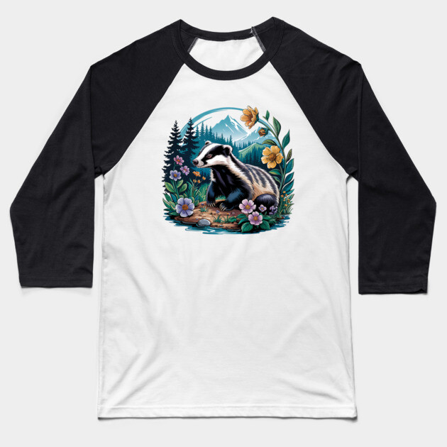 Floral Badger Vintage Woodland Wildlife Art 2 Baseball T-Shirt by BirdsnStuff