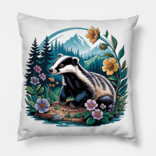 Floral Badger Vintage Woodland Wildlife Art 2 Pillow