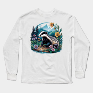 Floral Badger Vintage Woodland Wildlife Art 2 Long Sleeve T-Shirt