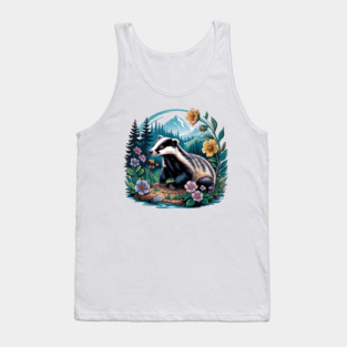 Floral Badger Vintage Woodland Wildlife Art 2 Tank Top