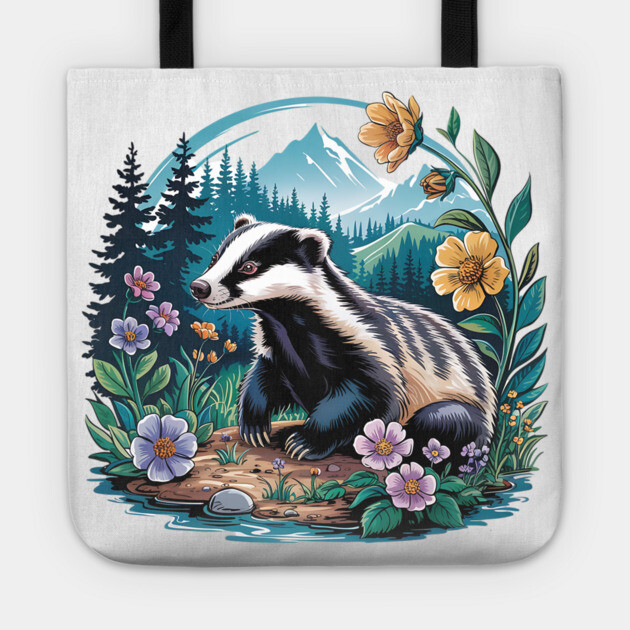 Floral Badger Vintage Woodland Wildlife Art 2 Tote by BirdsnStuff